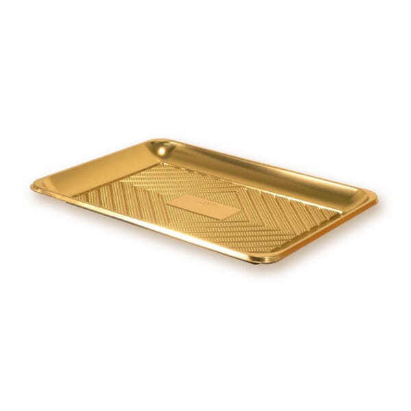 The Alcas "Kado" Pastry Take Out Tray is a 13.58" x 10.04" rectangular golden tray with raised edges and a textured base featuring diagonal lines and a central motif. Its glossy finish elegantly showcases pastries, packaged in cases of 100.