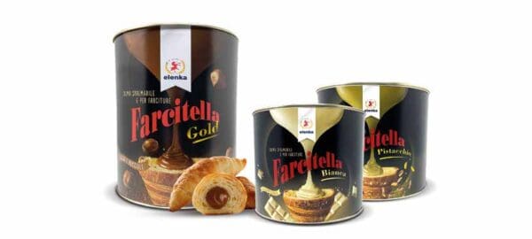 Three Elenka Farcitella spreads are shown: Gold, Bianco, and Pistachio. Each can displays a tempting image of croissants and cakes topped with swirling spread.