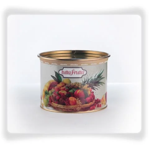 A cylindrical metal can with a gold rim featuring a label that reads "TuttaFrutta." The label showcases a colorful assortment of fruits, including pineapples, grapes, oranges, and berries arranged in a basket. Ideal for creating Elenka Strawberry Sorbet or Gelato Paste. Comes in a 4x3Kg case.