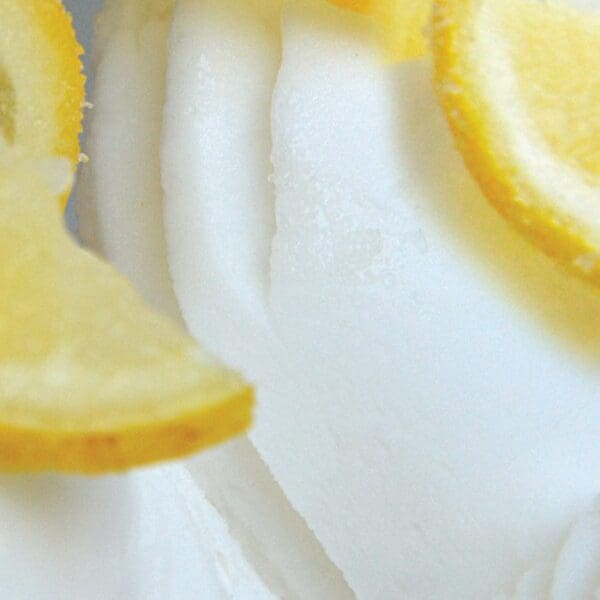 Close-up of creamy sorbet made with Elenka Agrolina Ciaculli Lemon Juice Concentrate, topped with thin lemon slices. The silky texture contrasts beautifully with the vibrant yellow of the citrusy accents.