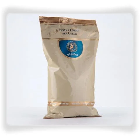 A beige and blue packaged product labeled "Elenka Lemon 50 Powder Base for Gelato," designed for crafting gelato, is adorned with Italian text and a logo featuring a stylized emblem on the front, promising an authentic taste experience.