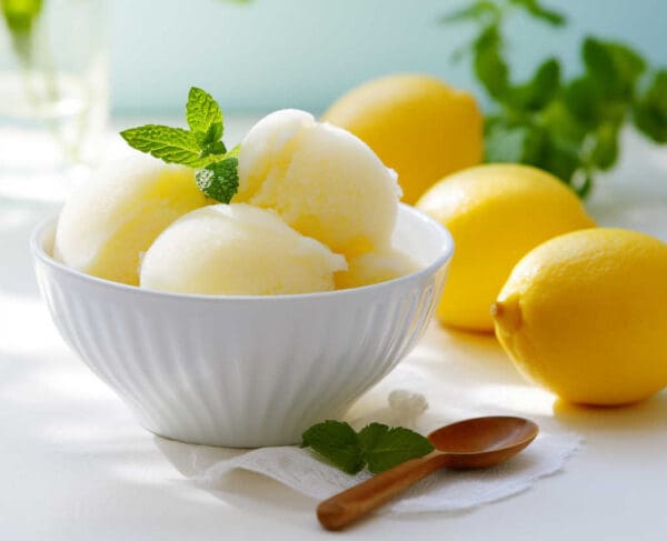 A white bowl filled with lemon sorbet made from Elenka Lemon 50 Powder Base for Gelato, garnished with mint leaves. Surrounding the bowl are fresh lemons, a wooden spoon, and mint sprigs on a light background.