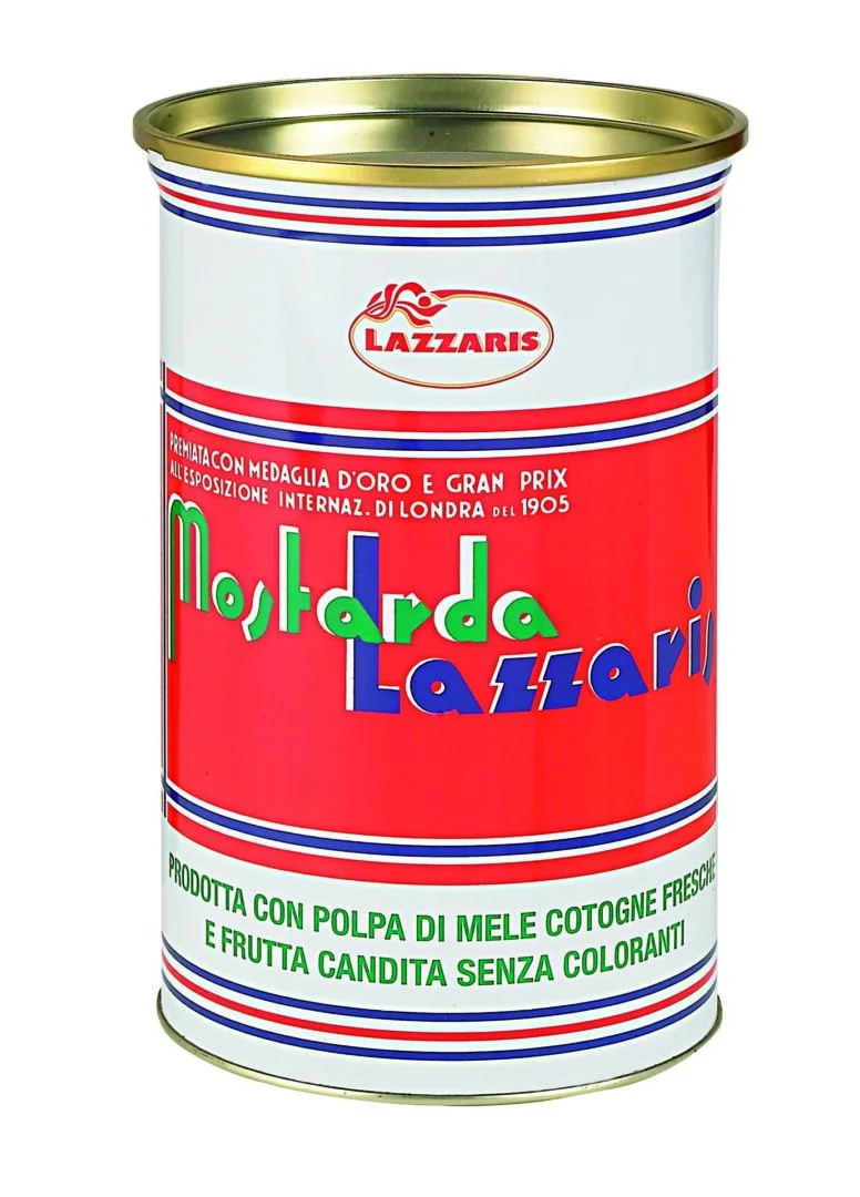 A tall can of Lazzaris Mostarda Preserved Fruits with Mustard (2x5Kg case) features a red and white label adorned with blue and green text. This delicious product, made with quince pulp and candied fruit, is free from artificial coloring.