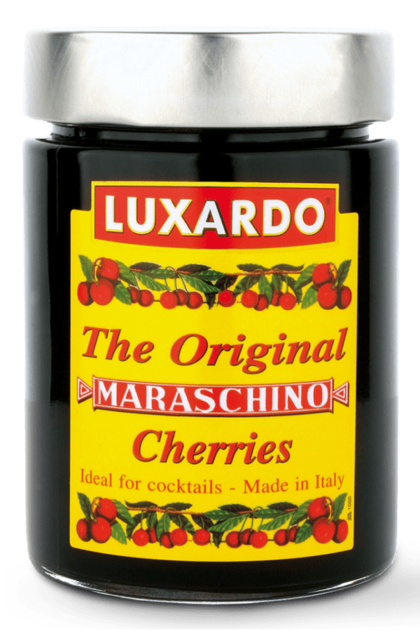 A jar of Luxardo Gourmet Maraschino Cherries in Syrup features a silver lid and a yellow label with red cherries, labeled "The Original Maraschino Cherries." Made in Italy, ideal for cocktails, each cherry is immersed in syrup for exceptional flavor.