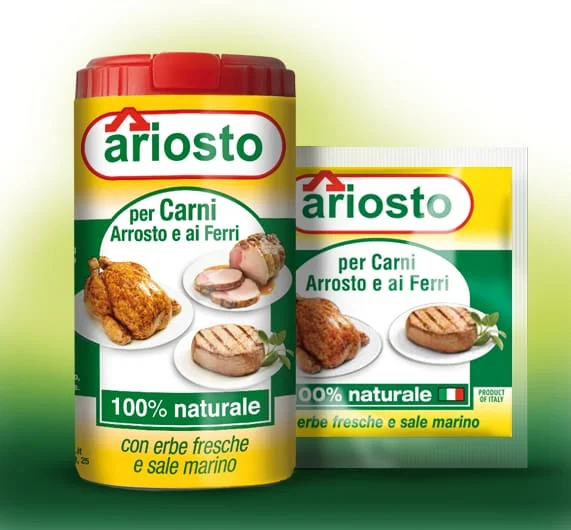 The packaging for Ariosto Italian Seasonings for Meat (12x80gr case) prominently features "100% naturale" along with images of cooked chicken, pork, and steak. A gradient of green shades forms the background.