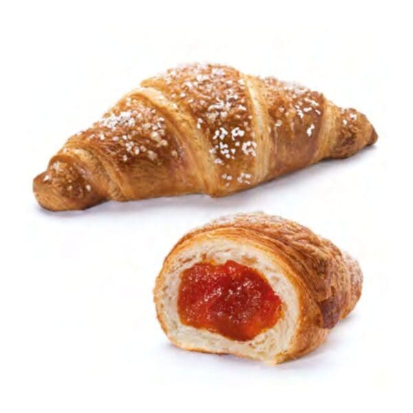 Two sweet croissants on a white background. One is whole with sugar crystals sprinkled on top, and the other is sliced in half, revealing the vibrant Elenka Apricot Jam Preserve for Croissants and Baked Goods (1x12Kg) filling inside its flaky layers.