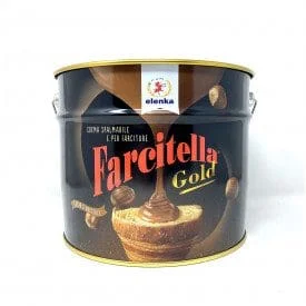 A round, black tin labeled "Elenka Farcitella Gold" with caramel dripping onto a pastry, features the "elenka" logo on the lid. It hints at the rich Elenka Croissant Chocolate Cream filling inside and includes gold accents plus handles on each side.