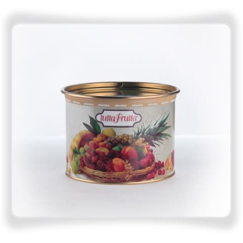 The vibrant fruit label on the can features apples, bananas, grapes, and pineapple. "Tutta Frutta" is prominently displayed with Elenka Strawberry Fragola 100 (4x3Kg case), and the can's top shines with a golden hue.