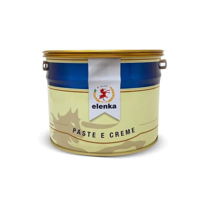 A large tin with a blue lid and beige body labeled "Elenka Pistacchio Trinacria," featuring a red lion logo and "elenka" text. Ideal for Sicilian Pistachio lovers, it has convenient side handles.