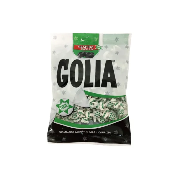 A bag of Golia Licorice Gummy Candy, made with the indulgent flavor of natural licorice juice. The primarily white packaging, highlighted with green accents and snowflakes, prominently displays the Golia brand name.