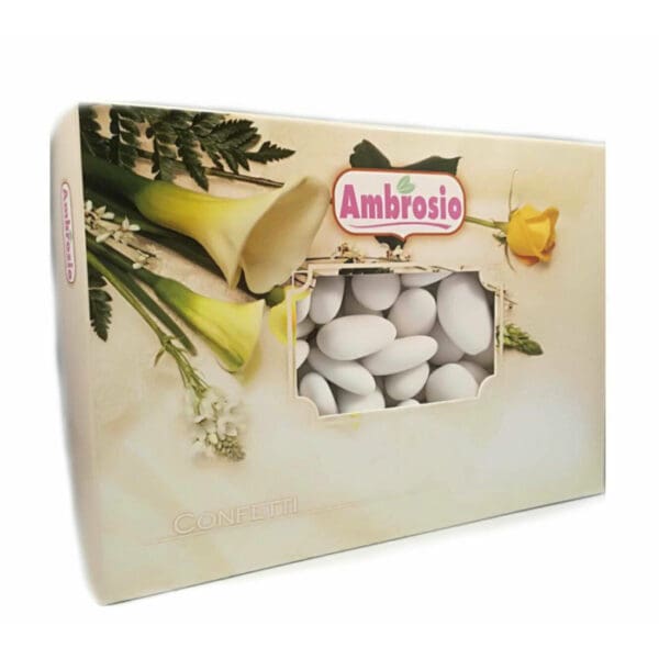 A box of Ambrosio Confetti Sugar Covered Almonds (12x1Kg case), featuring a decorative floral design with yellow and white flowers on the packaging.