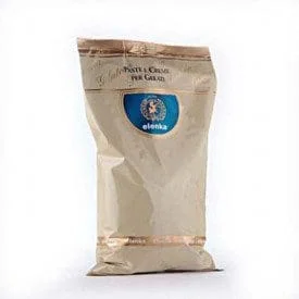 A bag of Elenka Gelato Base. A beige and gold-colored package of Elenka brand Italian gelato paste. The rectangular package features a blue and gold circular logo at the center with the brand name, and text in Italian indicating it is a flavor for gelato.