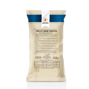 A beige and blue 1 kg bag of Elenka (146) Nolat Fruit Base for Gelato (20x1Kg case), shown from the back with product info and a white Elenka logo label at the top, stands against a white background.