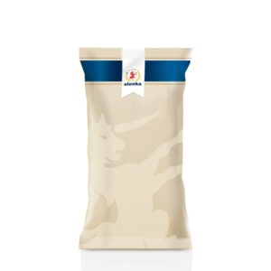 A beige snack bag with a subtle design features a blue stripe and a white label at the top showing the circular "elenka" logo with red and blue emblem and text: "Elenka (1195) Vegan Base for Ice Cream (20x1Kg case).