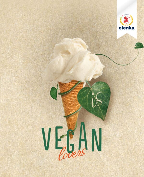 Against a beige background, the image depicts an illustrated vegan ice cream cone wrapped in a green vine. Prominent text reads "is VEGAN lovers," featuring an integrated green leaf design. In the upper right corner, the logo displays "Elenka Vegan Base for Ice Cream (20x1Kg case).