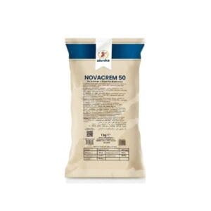 A 1kg beige and blue bag of Elenka (878) Ice Cream Base Ingredients Novacrem 50 (20x1Kg case), labeled “NOVACREM 50” with text and nutritional information on the front against a white background, showcases the quality of Elenka’s ice cream base ingredients.