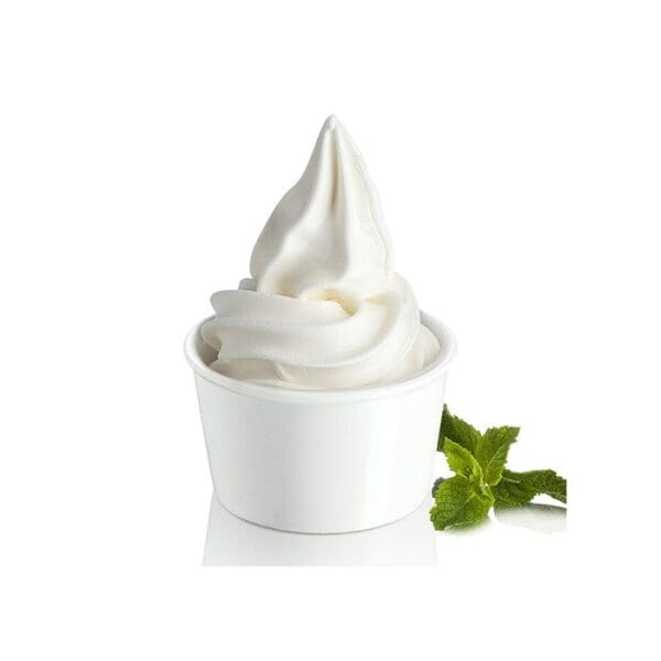 A swirl of creamy vanilla soft-serve ice cream made from Elenka Yogurt Powder for Gelato, Soft Serve & Slush in a plain white cup, with a green mint leaf garnish placed to the side on a white background.