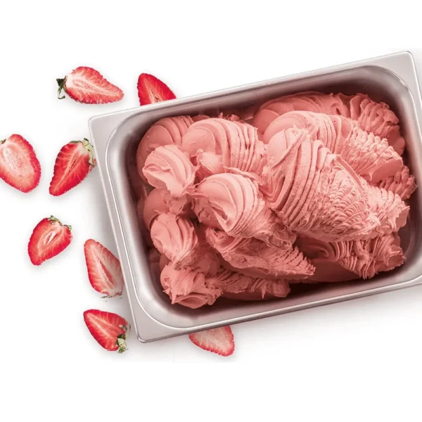 A metal container filled with luscious, swirled strawberry ice cream from the Elenka Base Optima 30 collection. Fresh strawberry slices are elegantly arranged around it, crafting an enticing display against a pristine white background. Offered in convenient 20x1Kg cases to meet all your dessert requirements.