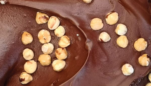 A close-up of the rich Elenka Baci Italian Kiss Hazelnut gelato, topped with whole hazelnuts. The creamy texture contrasts with the crunchy nuts for an inviting treat that feels like an indulgent delight.