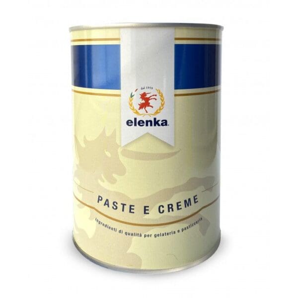 A large tin labeled "Elenka Baci Italian Kiss Hazelnut Nut Pastes #430" showcases a red lion and laurel wreath logo. The cream-colored can with blue accents reads "PASTE E CREME," suggesting exquisite nut pastes and creams for gelato and pastries.