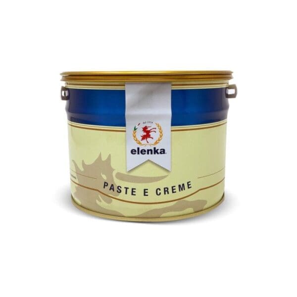 A large blue and cream 2.5Kg tub with handles, labeled "Elenka" and "PASTE E CREME," displays a red lion logo, containing Elenka Pistachio P paste or cream.