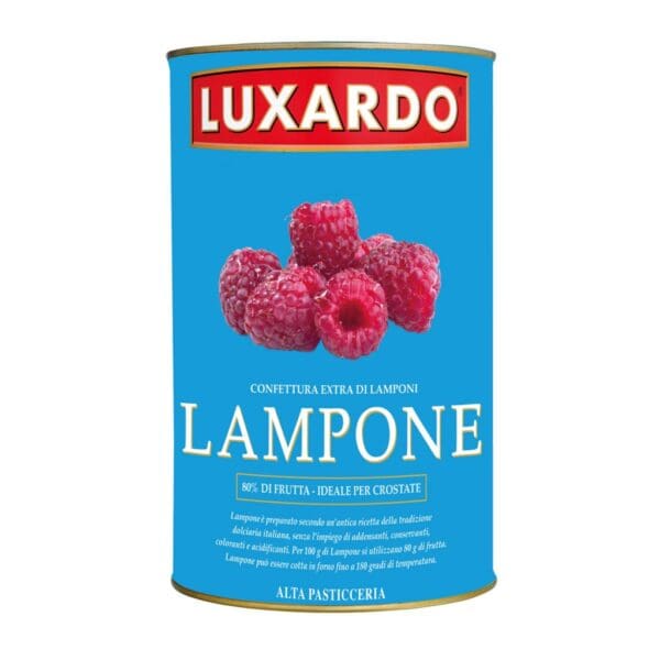 A tin of Luxardo Raspberry Jam (4x5.4Li) features a vibrant raspberry image on the label. With 80% fruit content, this extra jam is ideal for tarts. The blue and white text against the red and yellow background enhances its appeal.