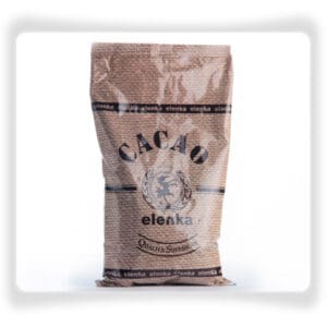 A sealed brown bag labeled "Elenka (101) Cacao Amaro-Bitter Cacao powder" with a decorative crest stands upright against a white background, ideal for storing the 1Kg packs from the 20x1Kg case of rich bitter cacao powder.