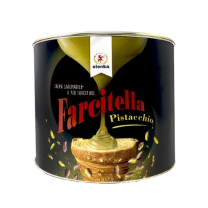 A 3Kg can of Elenka (1129) Farcitella Pistacchio, shown with creamy pistachio spread poured over pastry and pistachios on a black background. Available in 4x3Kg case.