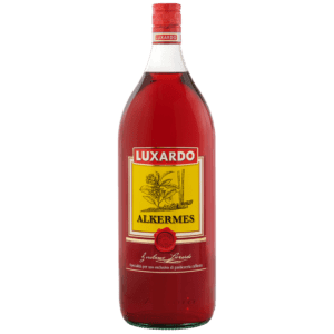 A 2x5Li case of Luxardo Alkermes Aroma 70% Alcohol, featuring a bright red liquid and yellow label, is displayed on a white background, renowned for its distinct aroma.