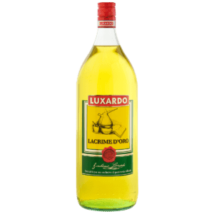 A large glass bottle of Luxardo Lacrime D’Oro (Benevento) Intense Aroma, 70% Vol. Alcohol (2x5Li case), featuring a yellow liquid, red cap, and lemon-themed label with green and red Italian accents.
