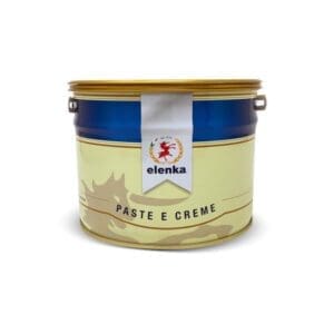 A large metal container with a blue lid and handles, labeled "Elenka Paste e Creme," featuring a white banner with a red lion logo and gold accents.