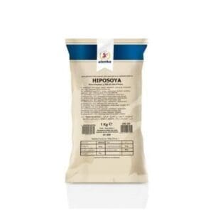 A beige and blue 1 kg bag labeled “HIPOSOYA” with nutritional information and text in Italian, standing upright on a white background.
