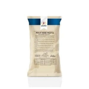 A beige and blue bag labeled “Nolat Base Frutta” with text and a table, seen from the back, standing against a plain white background.