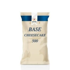 A beige and blue packet labeled “Quick Base Cheesecake 500” with a small logo at the top, standing upright on a white background.