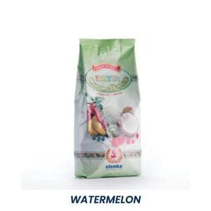 A green bag of Elenka Frutta Conca D’Oro product with images of various fruits on the packaging, labeled “WATERMELON” below the bag.
