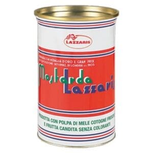 A can of Lazzaris Mostarda with red, blue, and green text on a white background. The label mentions it is made with quince pulp and candied fruit, and contains no artificial coloring.