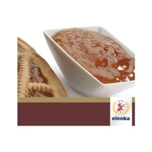 A square white bowl of glossy caramel sauce sits beside a pastry filled with the same sauce. The elenka logo appears in the bottom right corner.