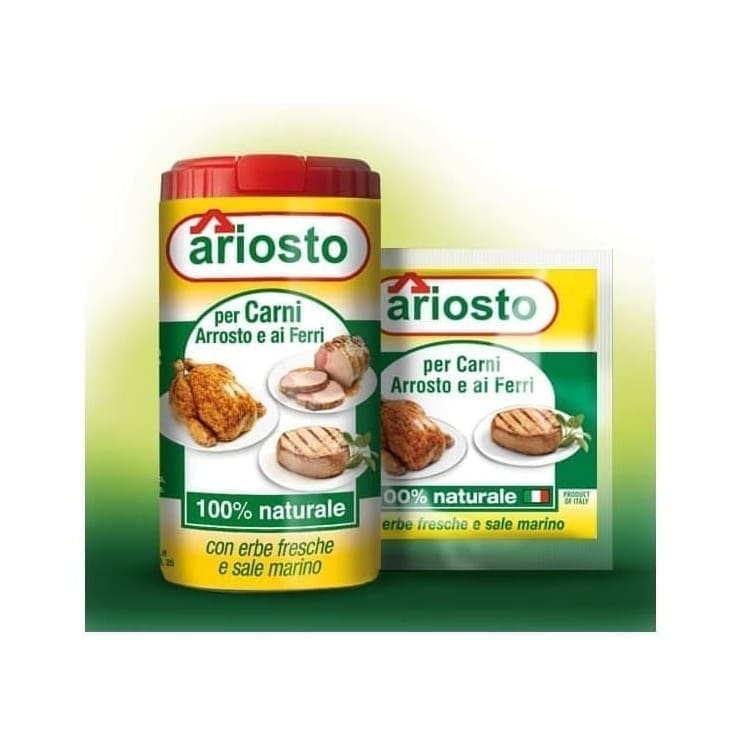 Ariosto seasoning for roast and grilled meats, shown in a large container and a sachet, with images of cooked chicken and steak. Label reads “100% naturale” and mentions herbs and sea salt in Italian.