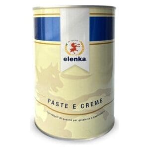 A can of Elenka Paste e Creme with a blue and gold label, featuring a lion emblem and Italian text, intended for use in gelato and pastry preparation.