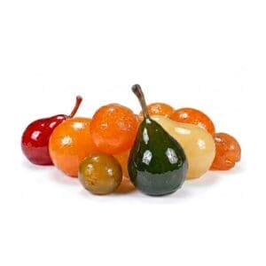 Assorted colorful, glossy glass fruits including a pear, cherry, and orange, arranged on a white background.