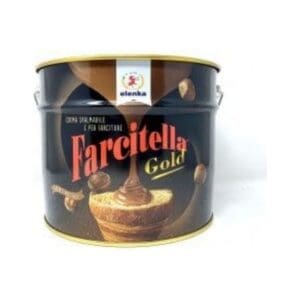 A large black tin labeled “Farcitella Gold” with a swirl tart image, decorated with nuts and brown graphics. The brand “Elenka” logo appears at the top of the tin.
