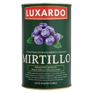A can of Luxardo Mirtillo wild blueberry jam, featuring an image of blueberries and green leaves on the label, with product details in Italian.