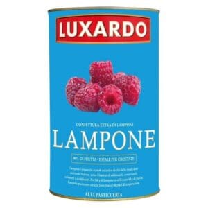 A blue can of Luxardo Lampone raspberry jam, featuring an image of raspberries and white text detailing it as 80% fruit, ideal for tarts, and labeled “Alta Pasticceria.”.