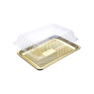 Alcas Kado gold pastry tray with clear lid on white