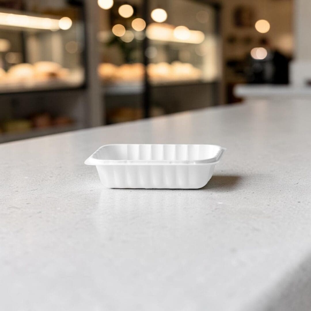 Alcas Porzionabile 650cc compostable take-out gelato container on pastry shop counter