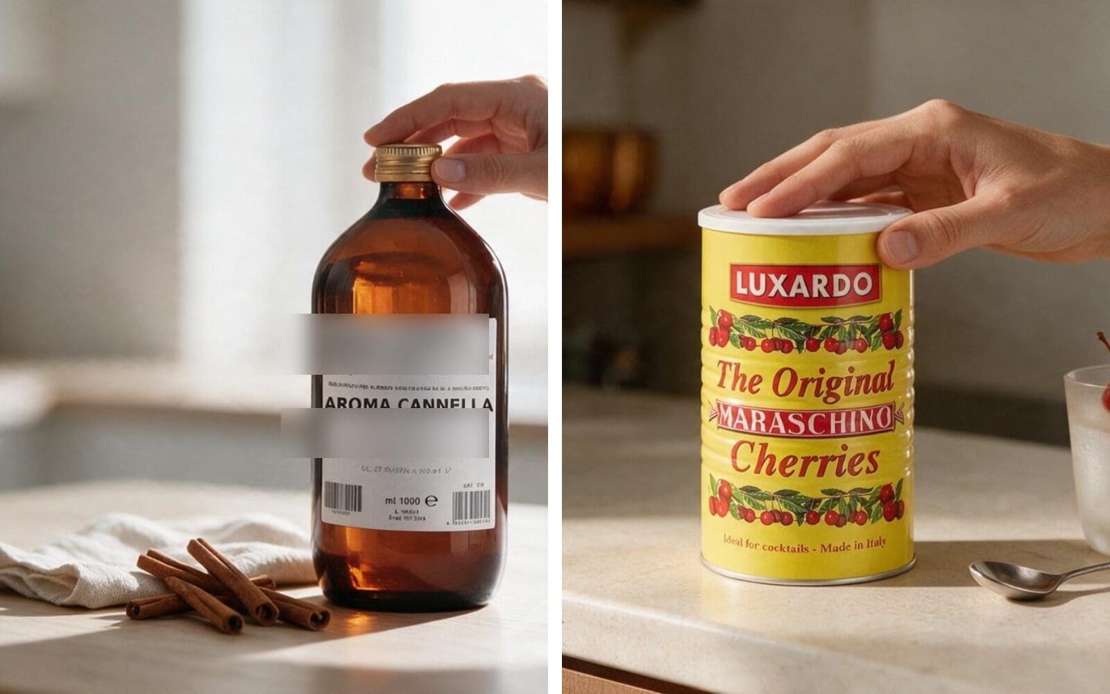 Elenka Aroma Cannella bottle and Luxardo Maraschino Cherries can, two of our core brands