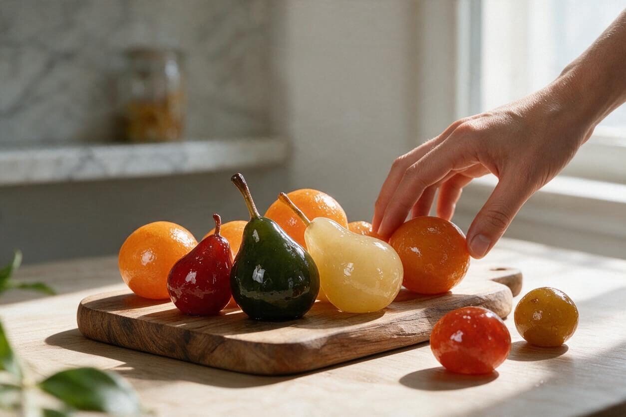 Glazed candied whole fruits on a wooden board