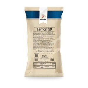 A beige and blue Elenka Lemon 50 packet stands upright on a white background. The label displays product name, instructions, nutritional facts, and a small logo at the top.
