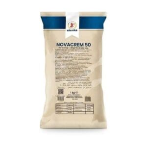 A 1 kg bag of Elenka Novacrem 50 dessert mix with a blue and white label, product information, and nutritional values displayed on the front. The packaging is beige with a lion logo at the top.