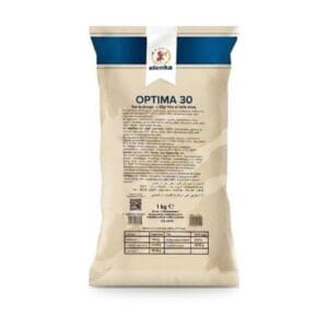 A beige 1 kg bag labeled “OPTIMA 30” by Elenka, featuring product information and nutritional facts on the front, with blue and white label accents at the top.